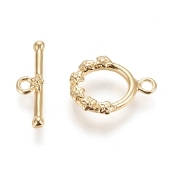 Real 18K Gold Plated Brass Toggle Clasps, with Jump Rings, Long-Lasting Plated, Ring with Flower, Real 18K Gold Plated, Ring: 18x13.5x2.8mm, Hole: 2x1.8mm, Bar: 5.5x20x2.5mm, Hole: 2mm