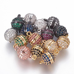 Mixed Color Brass Micro Pave Cubic Zirconia Magnetic Clasps with Loops, Round, Mixed Color, 12.5x8mm, Hole: 1mm