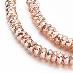 Гальванический Розовый Золотой Гальванизировать немагнитных синтетический гематит бисер пряди, граненые, рондель, покрытием из розового золота, 4x2 мм, отверстие : 0.6 мм, около 206 шт / нитка, 15.7 дюйм