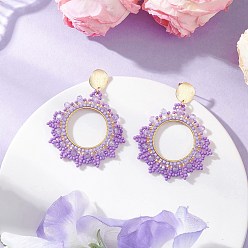 Фиолетовый Серьги-гвоздики из плетеного стеклянного бисера, серьги-подвески из латуни с цветочным кольцом, фиолетовые, 59x48 мм