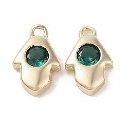 Зеленый Латунные микро проложить кубического циркония прелести, без кадмия, без никеля и без свинца, реальный 18 k позолоченный, хамса рука, зелёные, 9x5.5x2 мм, отверстие : 1 мм