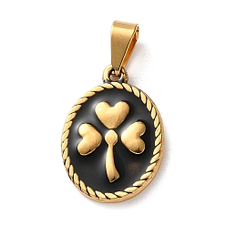 Золотой 201 нержавеющей стальной эмали подвески, овал с подвесками в виде клевера, вакуумное покрытие pvd, золотые, 23.5x16.5x2.5 мм, отверстие : 6.5x3.5 мм