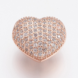 Rose Gold Brass Micro Pave Cubic Zirconia Beads, Lead Free & Cadmium Free, Heart, Rose Gold, 14x14.5x8.5mm, Hole: 2x2.5mm