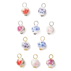 (52) Непрозрачная лаванда Подвески из фарфора и керамики с цветочным принтом ручной работы, с фурнитурой железной и сплавочной, круглые, разноцветные, 17.5x10.5 мм, отверстие : 4 мм