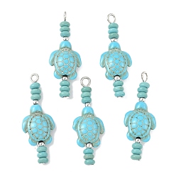 Темно-бирюзовый Подвески из бисера-рондель в виде черепахи из окрашенной синтетической бирюзы, с железными петлями, платина, темные бирюзовый, 39x14.5x7 мм, отверстие : 2.5 мм