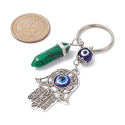 Pierre Mélangete Main de Hamsa avec pendentif en émail en alliage d'oeil maléfique, porte-clés avec balle de pierres précieuses synthétiques mélangées, porte-clés en fer, 8.85 cm