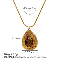 Тигровый глаз 304 Женские ожерелья из нержавеющей стали с подвеской в виде капли из натурального тигрового глаза в форме круглой змеиной цепи, золотые, 15.75 дюйм (40 см)