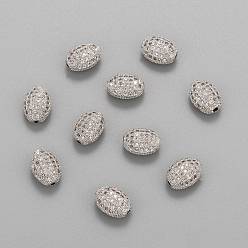 Platinum Brass Micro Pave Cubic Zirconia Beads, Oval, Platinum, 10x7x5.5mm, Hole: 1mm