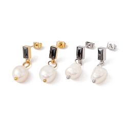 (52) Непрозрачная лаванда Прямоугольные серьги-гвоздики со стразами и натуральным жемчугом, 304 женские украшения из нержавеющей стали, разноцветные, 25 мм, штифты : 0.7 мм