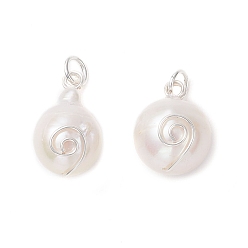 Серебро Натуральные кеши жемчужные подвески, круглые подвески с обмоткой из экологически чистой медной проволоки, белые, серебряные, 15.5~17x10~12 мм, Перейти кольцо: 4.8x0.8 мм, 3.4 мм внутренним диаметром