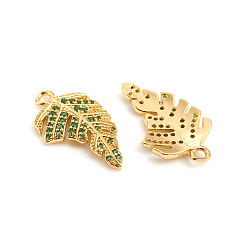 Golden Brass Micro Pave Cubic Zirconia Pendants, Leaf, Green, Golden, 23x13x2.5mm, Hole: 1.8mm