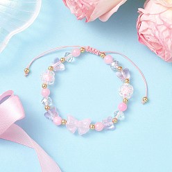 Лавандовый румянец Цветочные акриловые бусины плетеные браслеты из бисера для женщин, с бусиной из натурального окрашенного желтого нефрита, лавандовый румянец, внутренний диаметр: 2~3-3/8 дюйм (5.1~8.5 см)