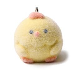 Цыпленок Флокированные подвески из непрозрачной смолы, с платиновыми тоновыми железными петлями, желтые, очарование цыпленка, 24.5x23x21 мм, отверстие : 2 мм