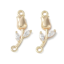 Real 18K Gold Plated Brass & Clear Glass Flower Links Connector Charms, Cadmium Free & Nickel Free & Lead Free, Real 18K Gold Plated, 19x6.5x2mm, Hole: 1.2mm