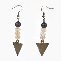Watermelon Stone Glass Watermelon Stone Glass and Sandalwood Beads Dangle Earrings, with Alloy Blank Tag Pendants and Brass Earring Hooks, Triangle, Antique Bronze, 69~70mm, Pendant: 57mm, Pin: 0.6mm