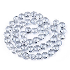 Light Steel Blue Electroplate Glass Beads Strands, Frosted, Rainbow Plated, Faceted, Flat Round, Light Steel Blue, 12x8~9mm, Hole: 1mm, about 50pcs/strand, 23.62 inch