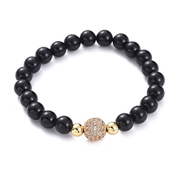 Golden Stretch Bracelets, with Natural Black Agate(Dyed) Beads, Brass Cubic Zirconia Beads, Brass Spacer Beads and Elastic Crystal Thread, Golden, 2-1/4 inch(5.58cm)