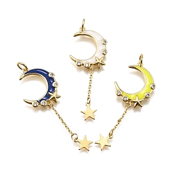 (52) Непрозрачная лаванда Латунные микро проложить кубического циркония подвески, с эмалью, Луна и звезды, стойки покрытие, долговечный, без свинца и без кадмия, реальный 18 k позолоченный, с целью перехода в кольце, разноцветные, 45.5x15.5x2.5 мм, отверстие : 3.2 мм