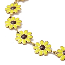Golden Yellow Enamel Daisy Flower Link Chain Necklace, Ion Plating(IP) 304 Stainless Steel Jewelry for Women, Golden, 17.80 inch(45.2cm)
