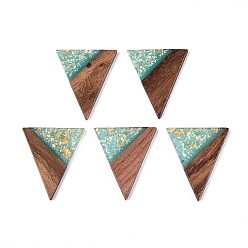 Средний Бирюзовый Подвески из непрозрачной смолы и орехового дерева, треугольник прелести, с блестящей пудрой и золотой фольгой, средне бирюзовый, 35~36.5x30.5~31x3~3.5 мм, отверстие : 2 мм