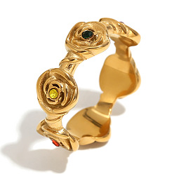Золотой 316Кольца для пальцев из хирургической нержавеющей стали с цветными фианитами, цветок розы, золотые, размер США 8 (18.1 мм)