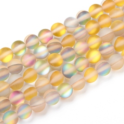 Yellow Synthetic Moonstone Beads Strands, Holographic Beads, Dyed, Frosted, Round, Yellow, 6mm, Hole: 1mm, about 60~62pcs/strand, 14~15 inch
