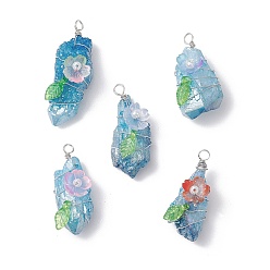 Темно-Голубой Подвески из медной проволоки в форме капли, покрытые гальваническим слоем из необработанного натурального кварца, смолой цветок, платина, глубокое синее небо, 27.5~37.5x10.5~16x10~15 мм, отверстие : 1.8~2.5 мм