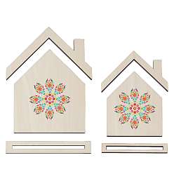 Серо-розавый 2 шт 2 стили деревянные вышитые держатели карточек в форме домика, настольная подставка для ювелирных изделий для карточек с вышивкой, увядшая роза, 10.4~14.7x1.5~2.2x12.6~17.5 см, 1 шт / стиль