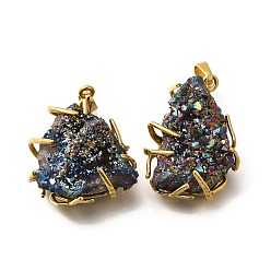 (966) Внутренний цвет Кристалл / Лиловато-лиловый на подкладке Гальванические натуральный druzy агата подвески, подвески-самородки с латунной фурнитурой, стойки покрытие, золотые, долговечный, без свинца и без кадмия, с покрытием цвета радуги, 31~37.5x24.5~29x8.5~17 мм, отверстие : 8x5 мм