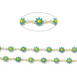 Turquoise Handmade Eanmel Daisy Flower Link Chains, with Real 18K Gold Plated Brass Findings, Soldered, with Spool, Turquoise, Link: 7.5x13x2mm