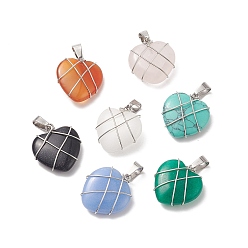 Mixed Stone Natural & Synthetic Mixed Gemstone Pendants, Heart Charms, with Platinum Tone Eco-Friendly Copper Wire Wrapped, Mixed Dyed and Undyed, 22x20x8mm, Hole: 4x6.5mm