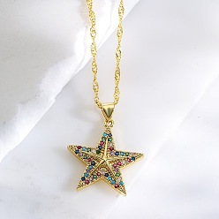 Разноцветный Подвеска в виде морской звезды из латуни с микропаве из кубического циркония, цепочка из нержавеющей стали., золотые, красочный, 17.72 дюйм (45 см)