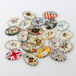 Mixed Color Flower Background Clock Theme Ornaments Glass Oval Flatback Cabochons, Mixed Color, 40x30x7mm