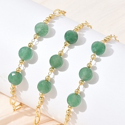 Green Aventurine Natural Green Aventurine Faceted Flat Round Beaded Brass Paperclip Chain Bracelets, Long-Lasting Plated, Golden, 8.50 inch(21.6cm)