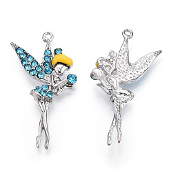 Platine Pendentifs en alliage, avec strass aigue-marine, charme de fée, sans cadmium et sans nickel et sans plomb, platine, 37x20x6mm, Trou: 1.2mm