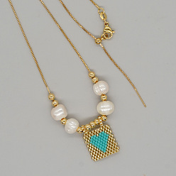 Золотистый Летние стеклянные бусины квадратные с подвеской в виде сердца, ожерелья из натурального жемчуга и латунных бусин для женщин, золотые, золотые, 23.62 дюйм (60 см)