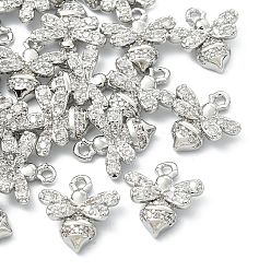 Plaqué Platine Véritable Breloques abeilles en laiton Shegrace, micro-pavées de zircone cubique, sans cadmium et sans nickel et sans plomb, Platine plaqué, 11x10.5x3mm, Trou: 1.2mm