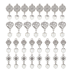 Античное Серебро 8 наборы акриловых подвесок с имитацией жемчуга, с обнаружением сплава тибетского стиля, ракушка и цветок и сердце, античное серебро, 28~31 мм, отверстие : 1.5~2 мм, 4 шт / комплект, 32 шт / коробка