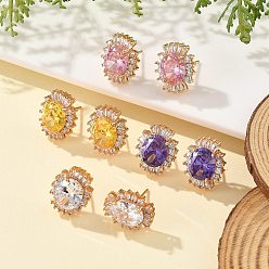 (52) Непрозрачная лаванда Овальные серьги-гвоздики из латуни с микропаве из кубического циркония для женщин, без кадмия и без свинца, долговечный, стойки покрытие, золотые, разноцветные, 15.5x12.5 мм