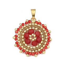 Red 304 Stainless Steel & Cylinder Glass Seed Beads Pendants, Sun Charms, with Dyed Natural Malaysia Jade Rondelle Beads, Red, 29x27.5x4.5mm, Hole: 2.5x5.5mm