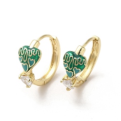 Green Real 18K Gold Plated Brass Heart Hoop Earrings, with Enamel and Glass, Green, 19x9mm