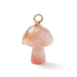 Cherry Blossom Agate Natural Cherry Blossom Agate Pendants, Mushroom Charm, with Light Gold Tone Eco-Friendly Copper Wire Wrapped, 27.5x16mm, Hole: 3mm