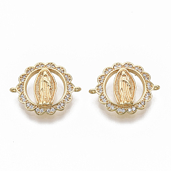 Настоящее золото 18K Звенья / коннеркоты из латуни с прозрачным кубическим цирконием, без никеля , плоские круглые с Девой Марией, реальный 18 k позолоченный, 15.5x19x3.5 мм, отверстие : 1 мм