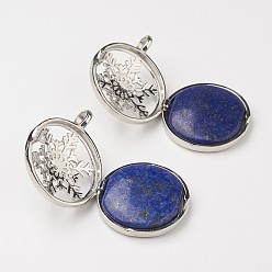 Lapis Lazuli Natural Dyed Lapis Lazuli Pendants, with Brass Diffuser Locket Findings, Flat Round with Snowflake, 31x26x8mm, Hole: 4mm