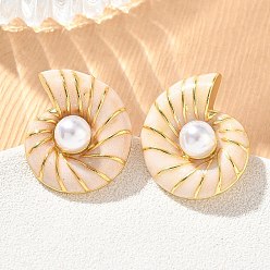 Papaya Látigo Pendientes de botón de latón esmaltado para mujer, la forma de la concha, con perlas de imitación de plástico abs, larga duración plateado, chapado en rack, sin plomo y el cadmio, dorado, PapayaWhip, 19.5x19 mm