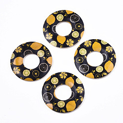 Black Fruit Seris Printed Wood Pendants, Donut with Lemon Pattern, Black, 45x5mm, Hole: 1.6mm