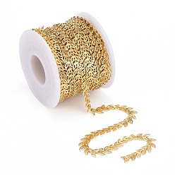 Real 18K Gold Plated Brass Handmade Cobs Chains, Link Chains, with Spool, Long-Lasting Plated, Soldered, Leaf, Real 18K Gold Plated, 7x6.5x0.5mm, about 32.8 Feet(10m)/roll