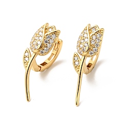 Настоящее золото 18K Серьги-кольца с тюльпанами из прозрачного кубического циркония, украшения из латуни для женщин, без кадмия, без никеля и без свинца, реальный 18 k позолоченный, 24x15x7 мм, штифты : 0.8 мм