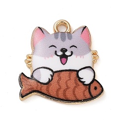 Светлый Стально-синий Стойки обшивки сплава эмали подвески, золотые, кот с подвеской в виде рыбки, светло-стальной синий, 18x18x3 мм, отверстие : 2 мм