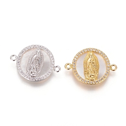 (52) Непрозрачная лаванда Соединители из латуни с микропаве и кубическим цирконием, с оболочкой, плоские круглые с Девой Марией, прозрачные, разноцветные, 15x21x2.5 мм, отверстие : 1.2 мм